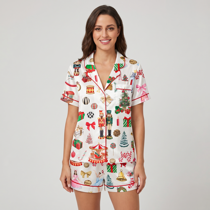 Watercolor Nutcracker Toys Women's Pajama Set - short sleeve and shorts