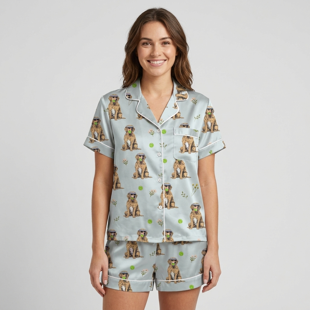 Women's satin pajama set with golden retrievers in visors with tennis balls on pale blue - short sleeve and shorts