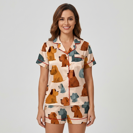 Women's satin pajama set with chunky floppy-eared hounds in mustard, rust and slate on cream - short sleeve and shorts