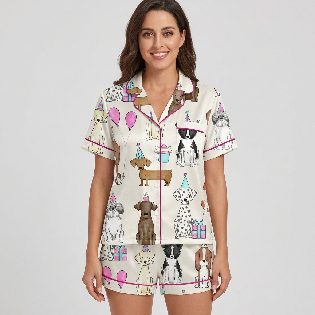 Women's satin pajama set with dogs in party hats beside pink balloons, cupcakes and wrapped gifts on white - short sleeve and shorts