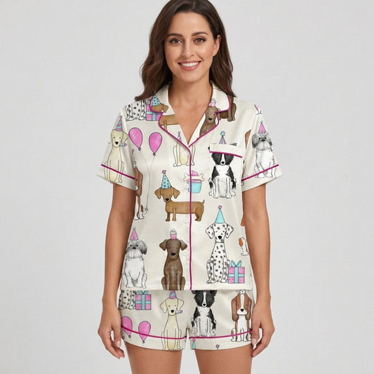 Women's satin pajama set with dogs in party hats beside pink balloons, cupcakes and wrapped gifts on white - short sleeve and shorts