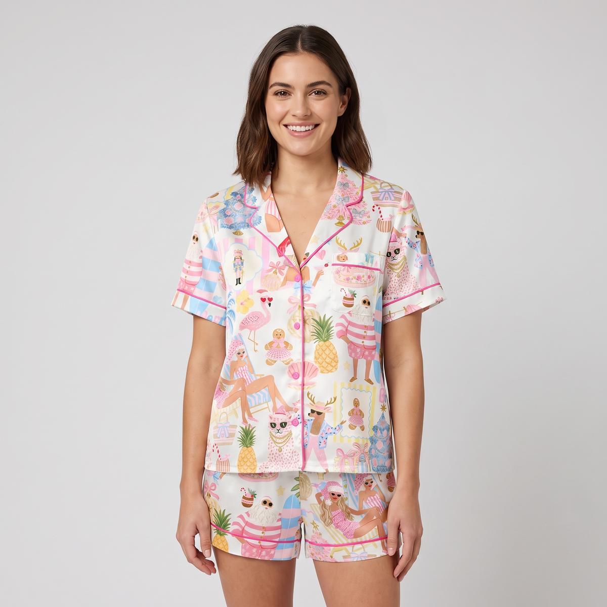 Pink Tropical Santa Women's Pajama Set - short sleeve and shorts