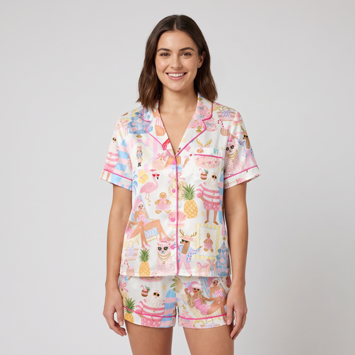 Pink Tropical Santa Women's Pajama Set - short sleeve and shorts