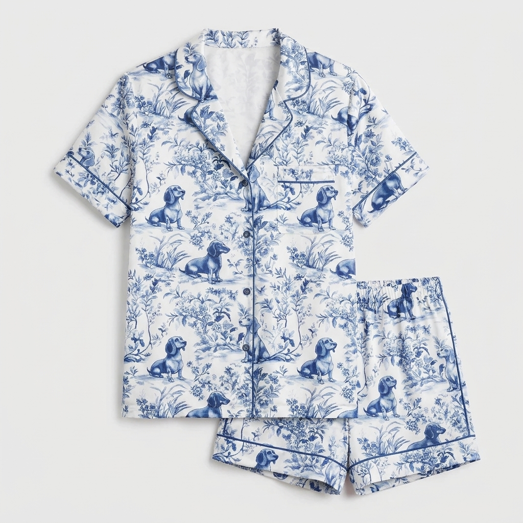 Women's long-sleeve satin pajama set with dachshunds in a navy blue toile of gardens and hills on white - flat lay