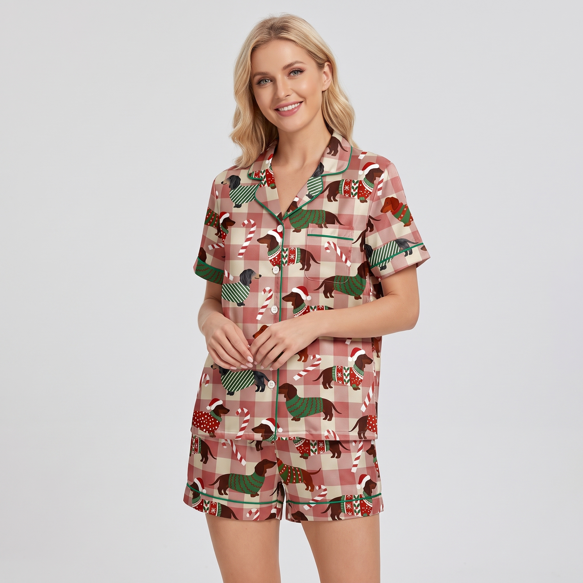 Dachshund Plaid Women's Pajama Set - short sleeve and shorts