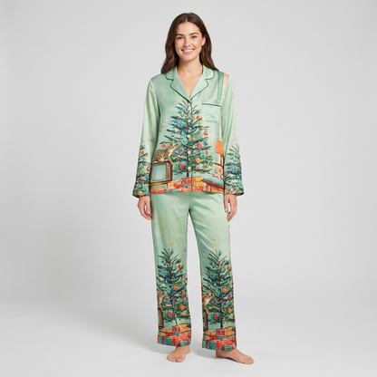 Kitty In The Christmas Tree Women's Pajama Set - long sleeve and pants