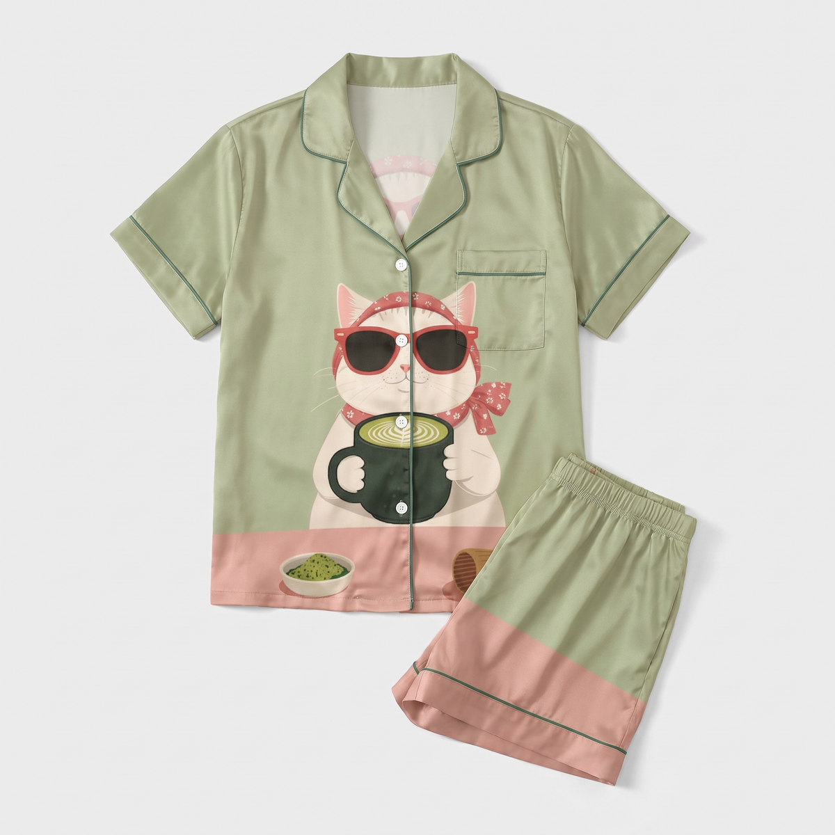 Matcha Cat Women's Pajama Set - flat lay