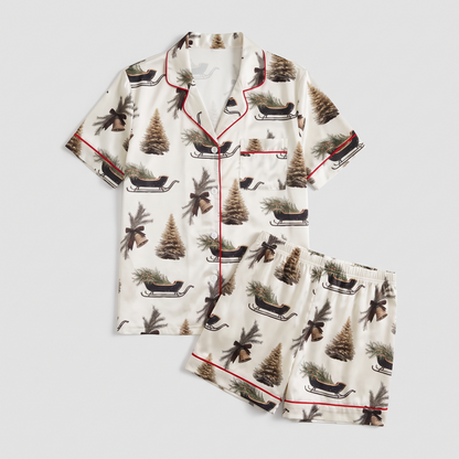 Christmas Bells & Brown Bows Women's Pajama Set - flat lay