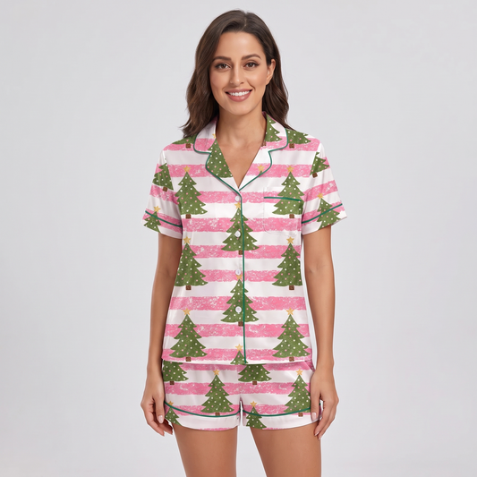 Pink Stripe Christmas Trees Women's Pajama Set - short sleeve and shorts