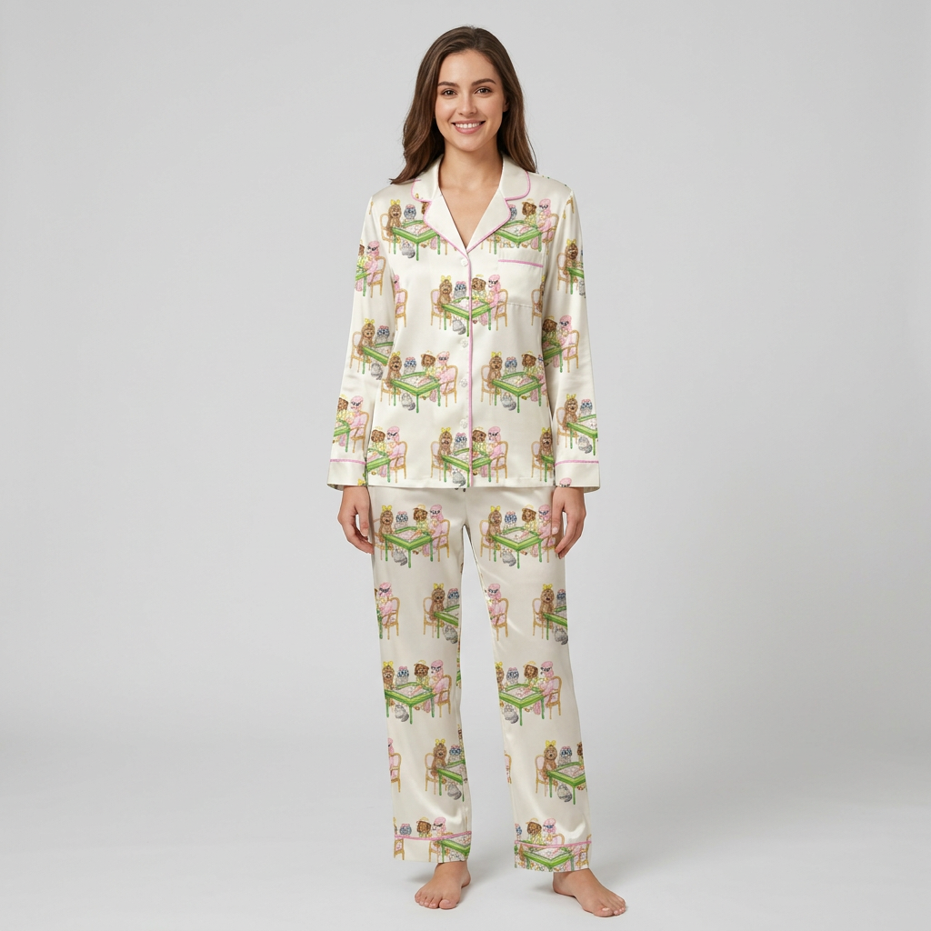 Women's satin pajama set with fluffy dogs in pearls and crowns at green mahjong tables on white with pink piping - long sleeve and pants