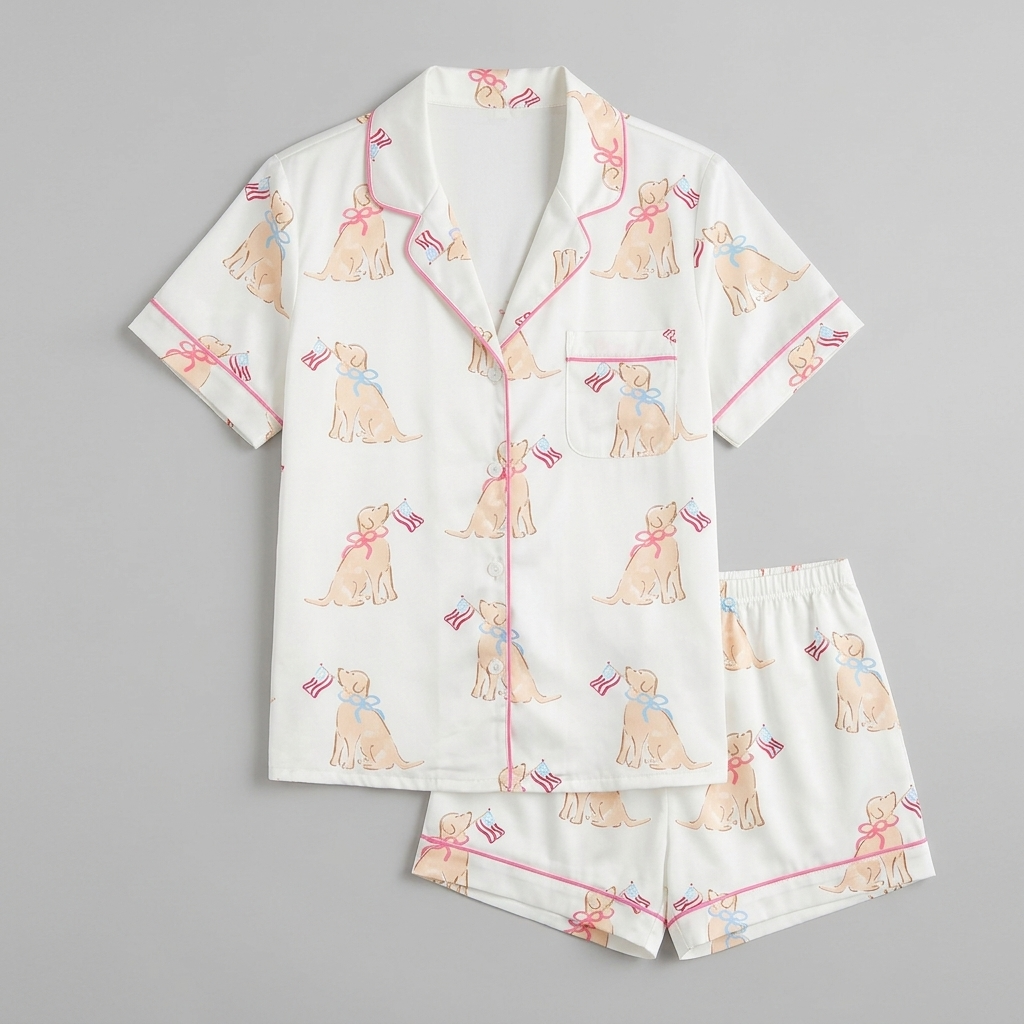 Women's satin pajama set with golden retriever puppies in bows holding tiny flags on soft cream - flat lay