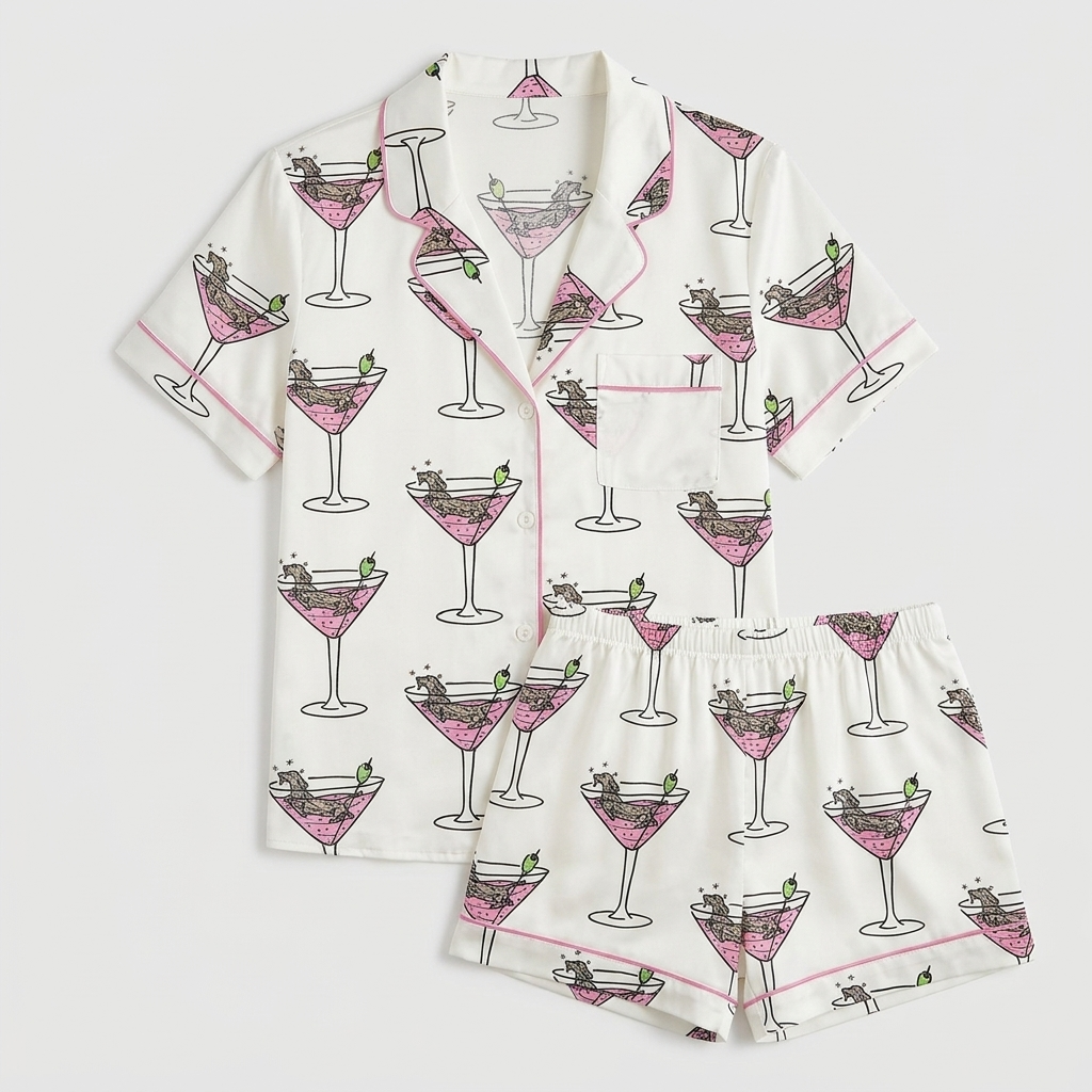 Women's satin pajama set with tiny dachshunds in pink martini glasses with olives on white - flat lay