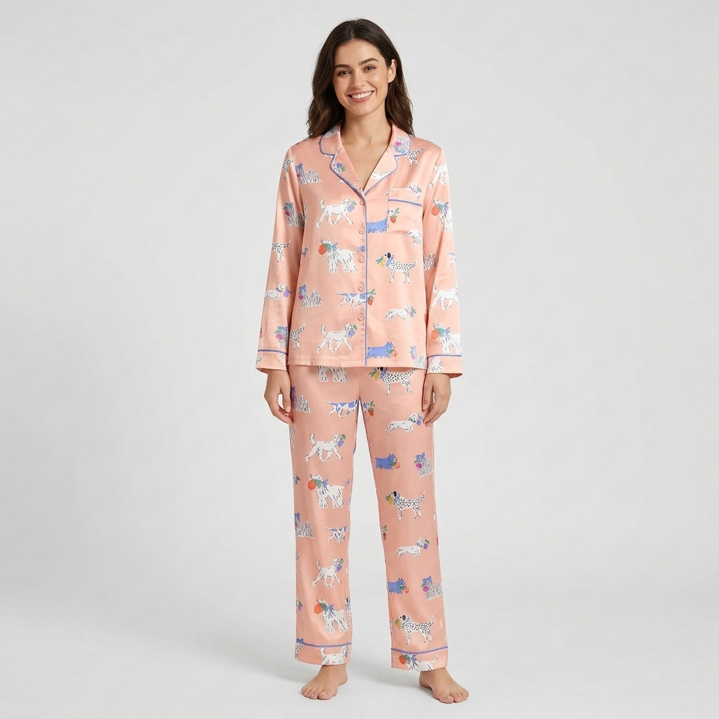 Women's satin pajama set with Dalmatians in periwinkle bows holding tiny bouquets on soft blush pink - long sleeve and pants