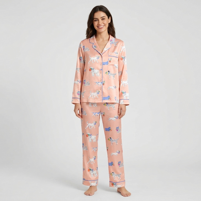 Women's satin pajama set with Dalmatians in periwinkle bows holding tiny bouquets on soft blush pink - long sleeve and pants