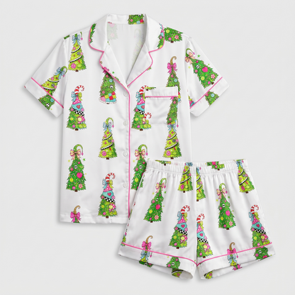 Green Character Coquette Trees Women's Pajama Set - flat lay