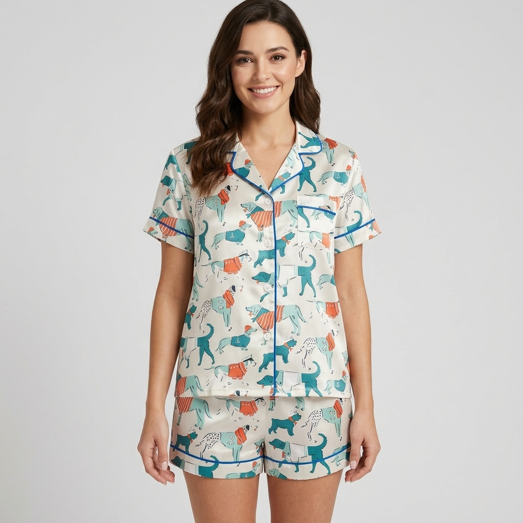 Women's satin pajama set with sleek teal dogs in coral and navy striped sweaters on soft cream - short sleeve and shorts