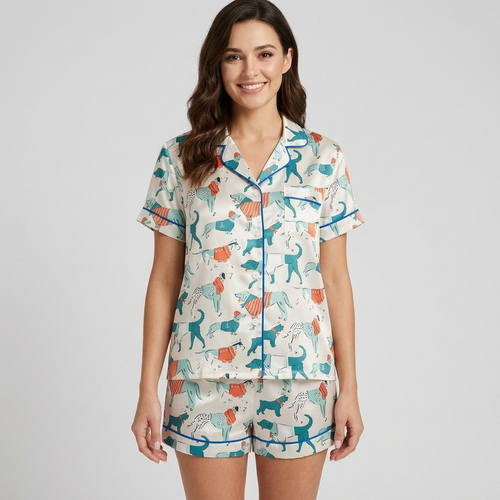 Women's satin pajama set with sleek teal dogs in coral and navy striped sweaters on soft cream - short sleeve and shorts