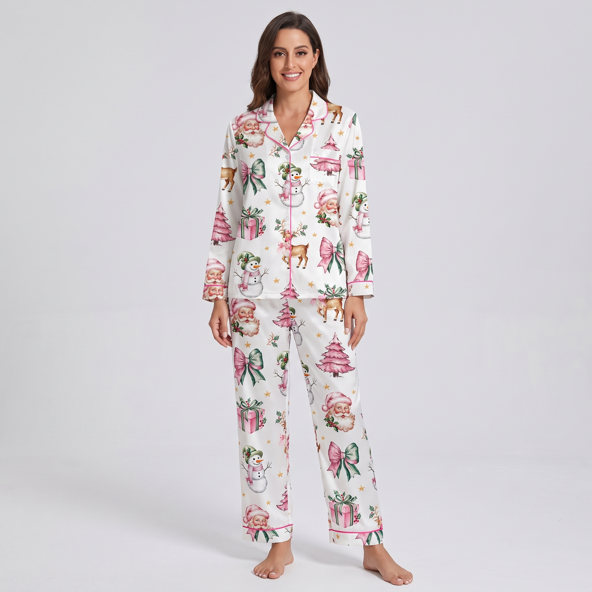 Pink Coquette Snowman & Reindeer Women's Pajama Set - long sleeve and pants