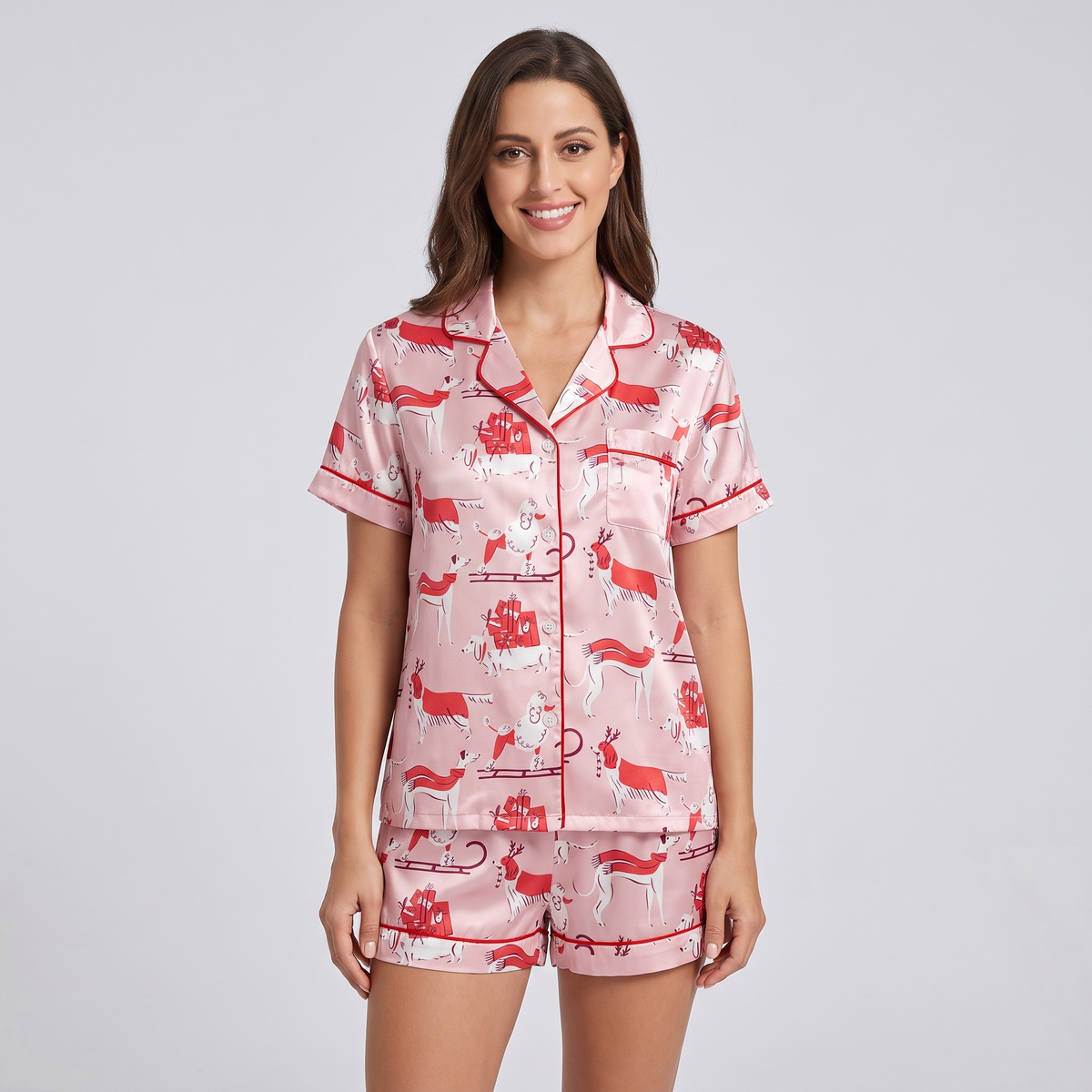 Pink Puppy Christmas Women's Pajama Set - short sleeve and shorts