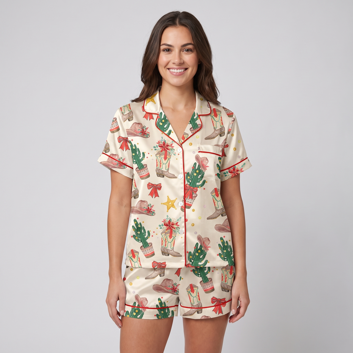 Cowboy Boots & Cactus Christmas Women's Pajama Set - Beige