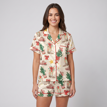 Cowboy Boots & Cactus Christmas Women's Pajama Set - Beige