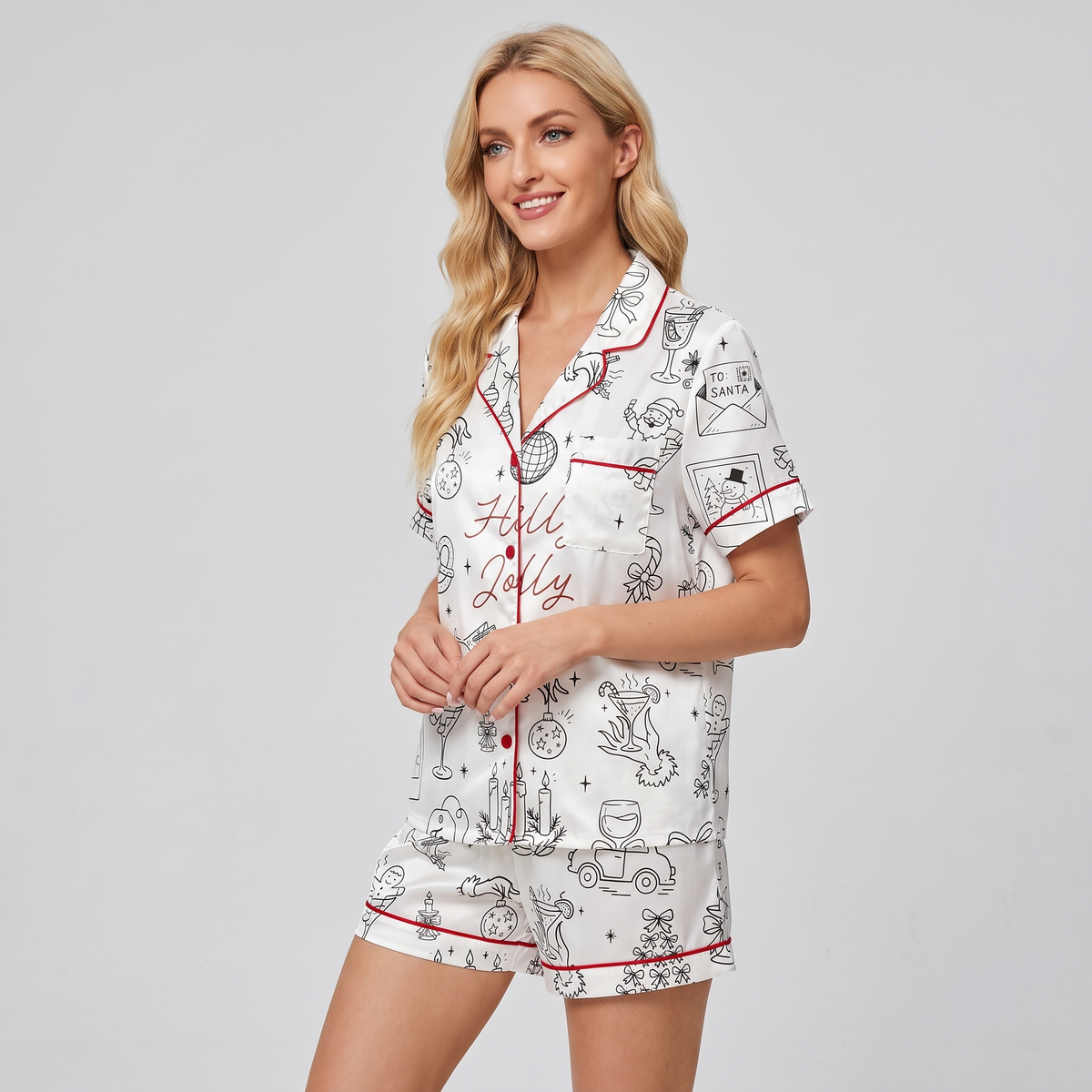 Holly Jolly Sketches Women's Pajama Set - short sleeve and shorts