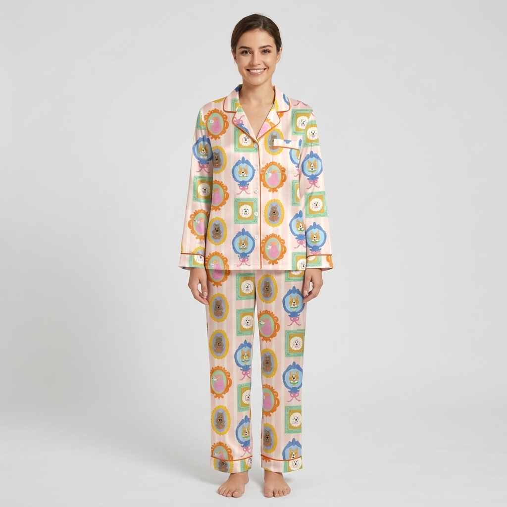 Women's satin pajama set with corgis and poodles in ornate frames on candy-striped blush pink - long sleeve and pants
