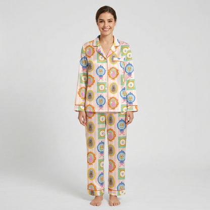 Women's satin pajama set with corgis and poodles in ornate frames on candy-striped blush pink - long sleeve and pants