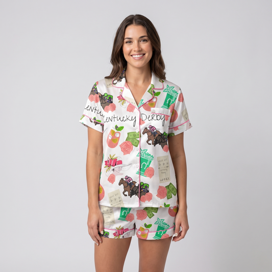 Green Silks Pink Roses Horse Women's Pajama Set - short sleeve and shorts