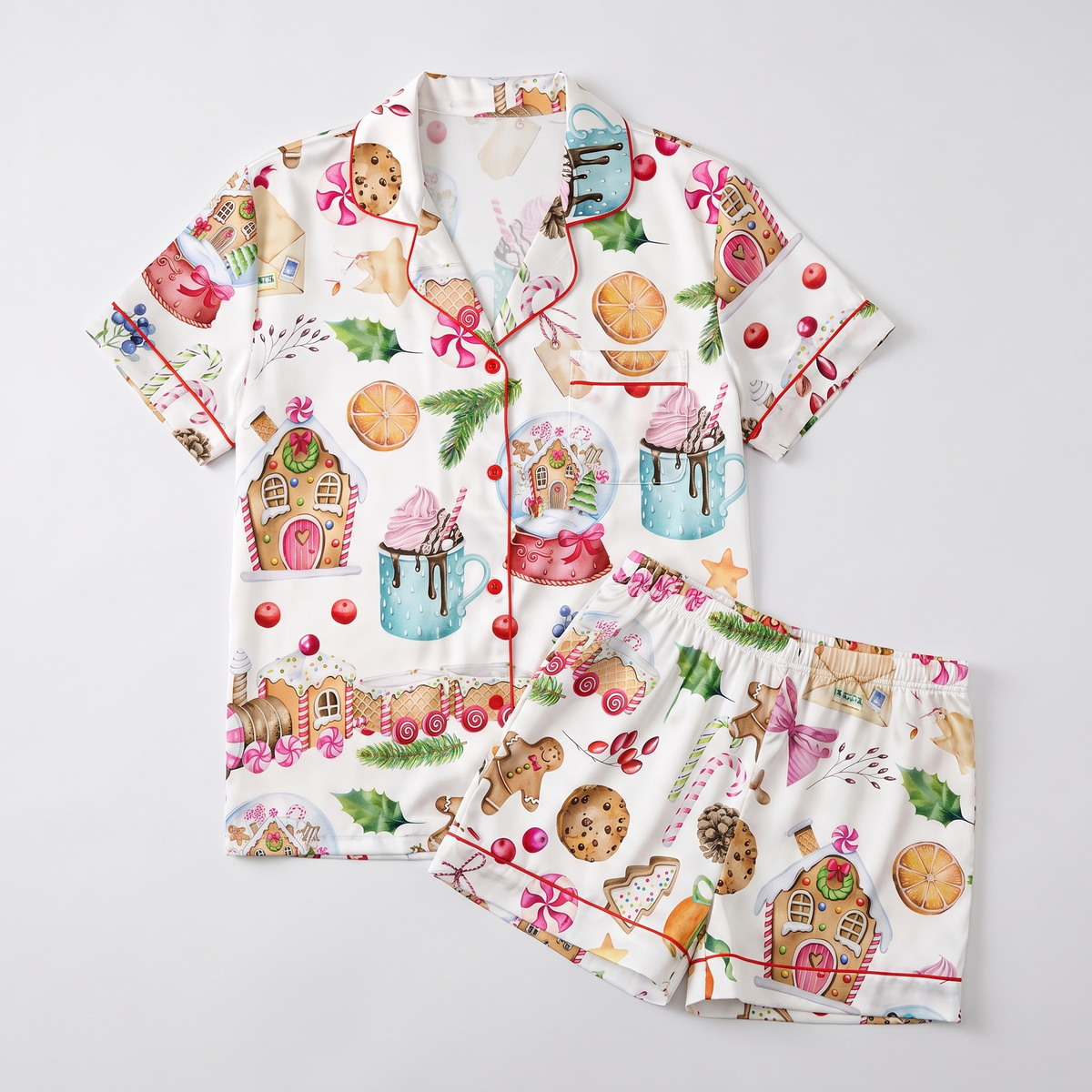 Watercolor Gingerbread Houses Women's Pajama Set - flat lay