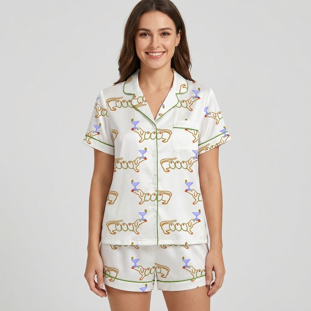 Women's satin pajama set with orange-outlined dachshunds beside lavender martini glasses on white - short sleeve and shorts