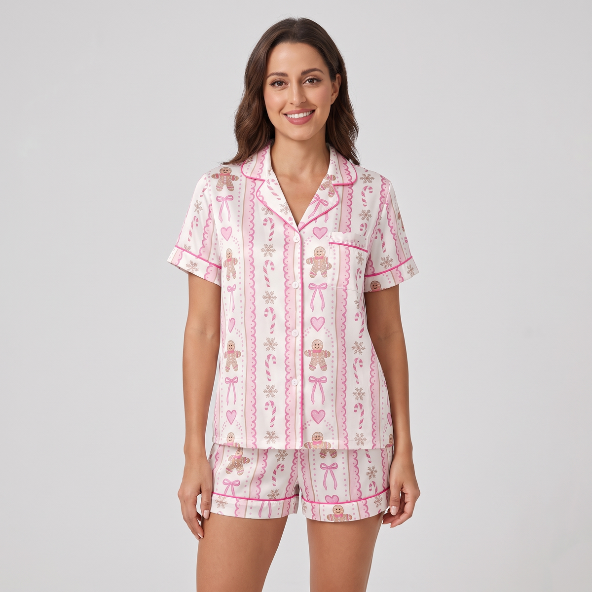Pink Gingerbread Stripes Women's Pajama Set - short sleeve and shorts