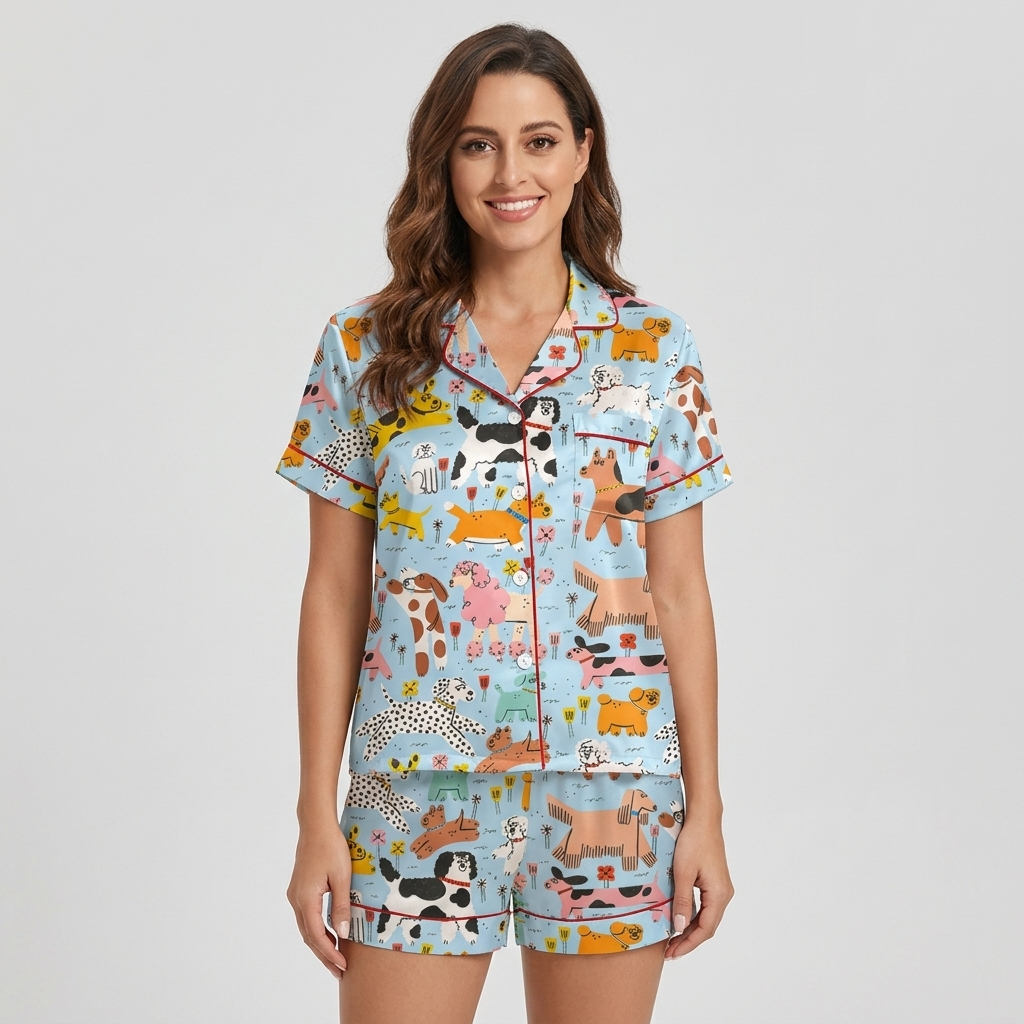 Women's satin pajama set with wobbly colorful dogs among flowers and bones on sky blue - short sleeve and shorts