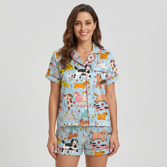 Women's satin pajama set with wobbly colorful dogs among flowers and bones on sky blue - short sleeve and shorts