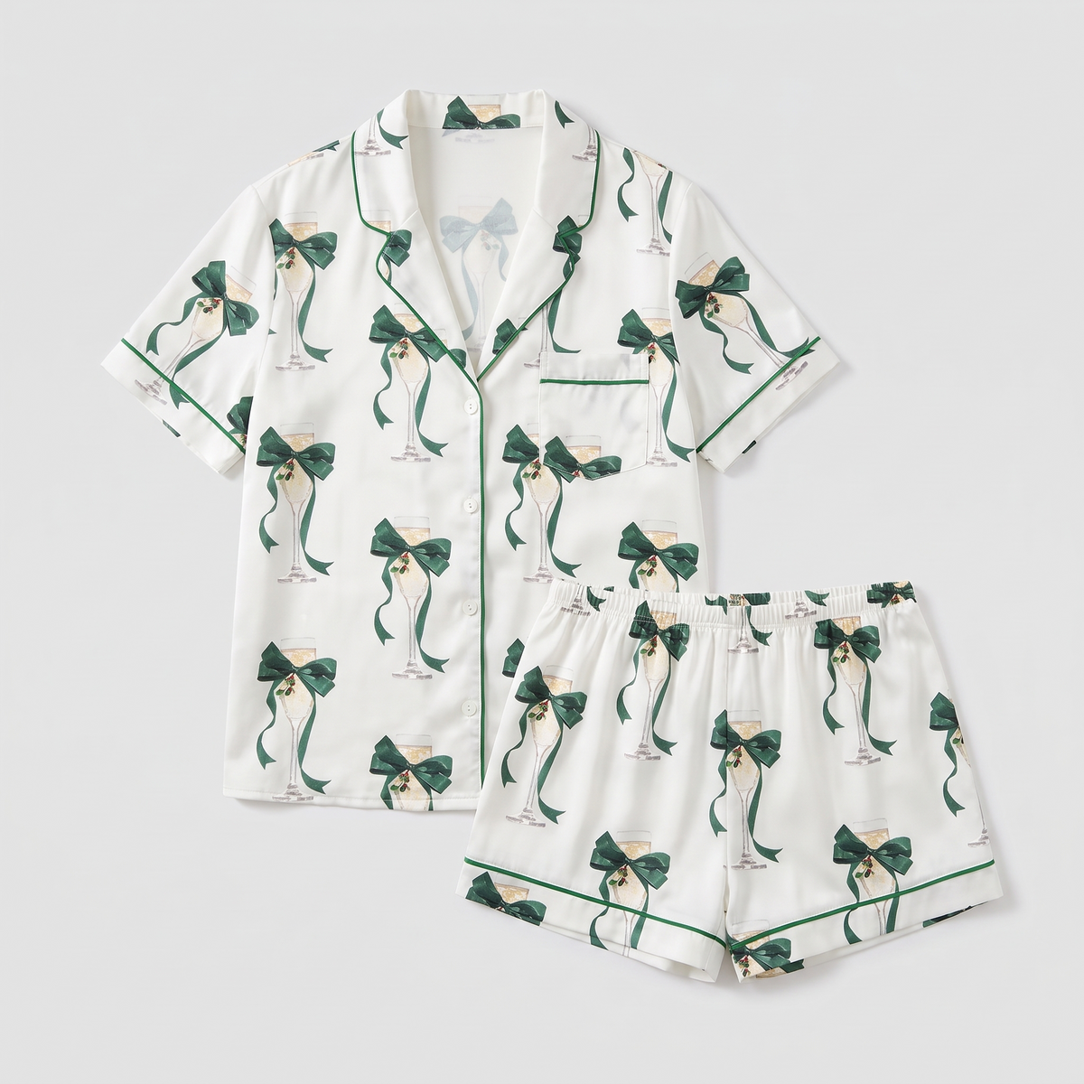Green Bow Prosecco Party Women's Pajama Set - flat lay