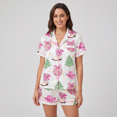 Disco Cowgirl Christmas Women's Pajama Set - short sleeve and shorts