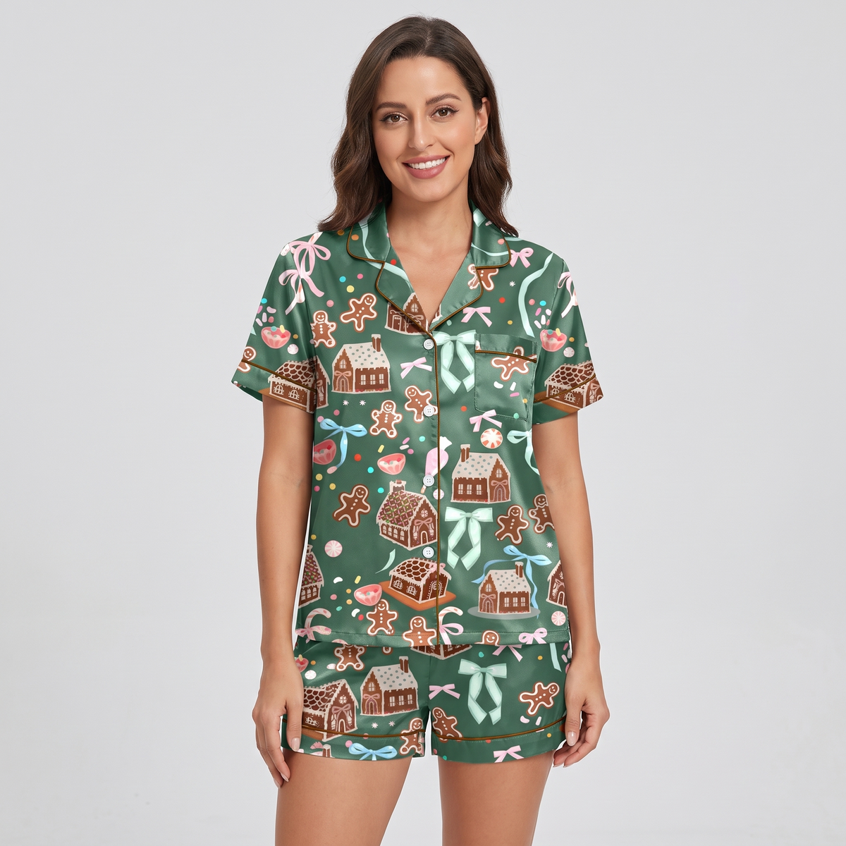 Green Gingerbread Village Women's Pajama Set - short sleeve and shorts