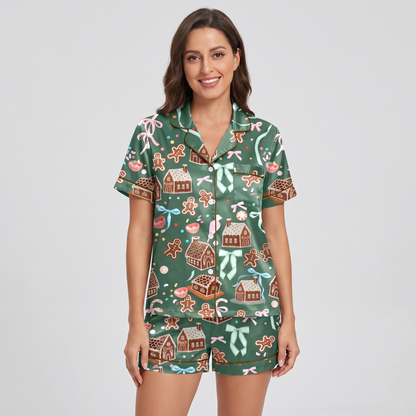 Green Gingerbread Village Women's Pajama Set - short sleeve and shorts