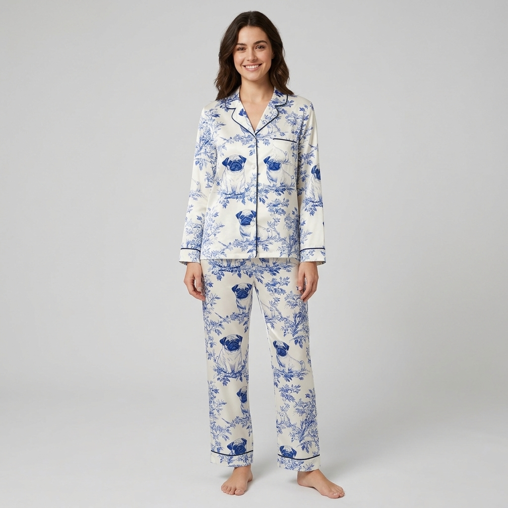 Women's satin pajama set with pug faces in blue and white garden leaves - long sleeve and pants