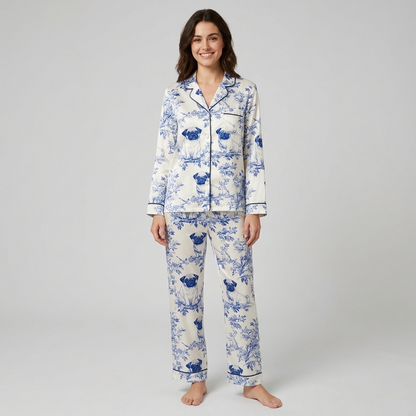 Women's satin pajama set with pug faces in blue and white garden leaves - long sleeve and pants