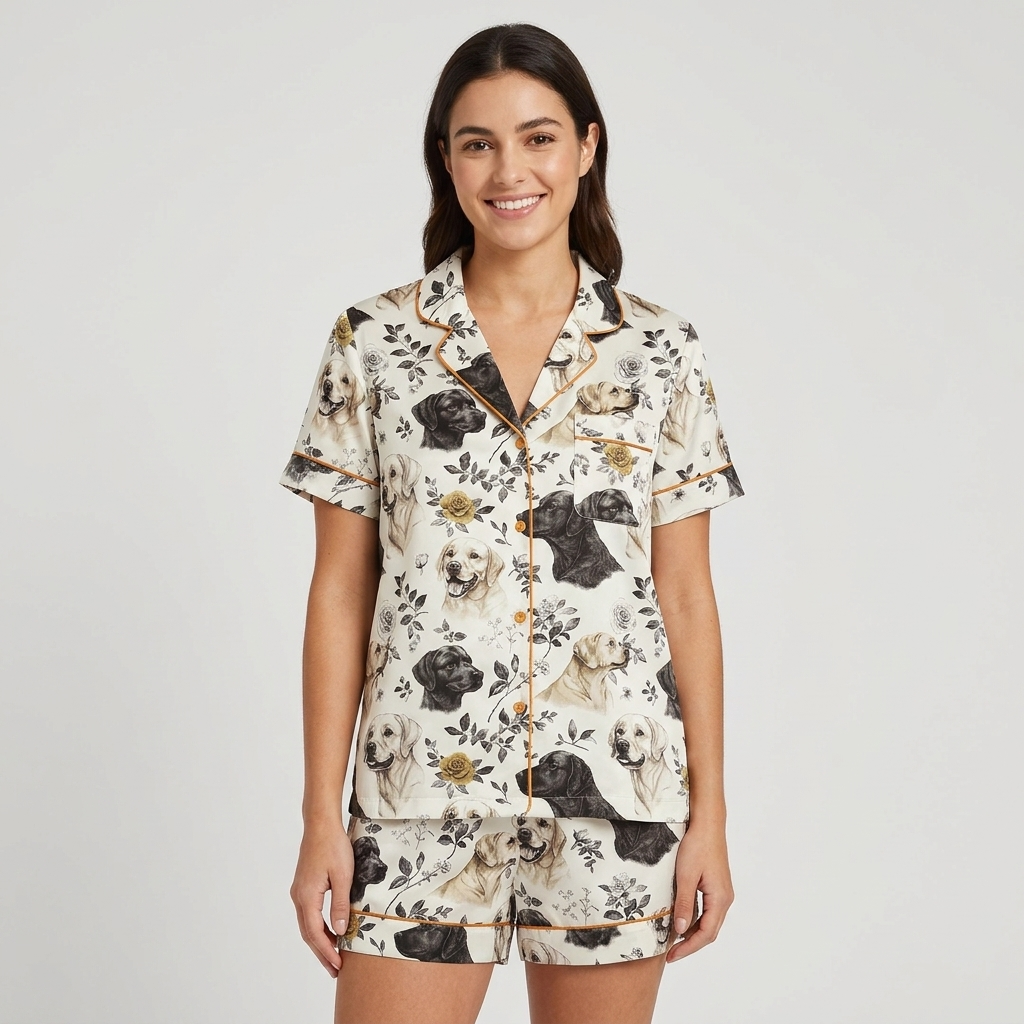 Women's satin pajama set with black and golden Labradors among leaves and wildflowers on white - short sleeve and shorts