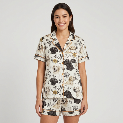 Women's satin pajama set with black and golden Labradors among leaves and wildflowers on white - short sleeve and shorts