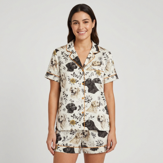 Women's satin pajama set with black and golden Labradors among leaves and wildflowers on white - short sleeve and shorts