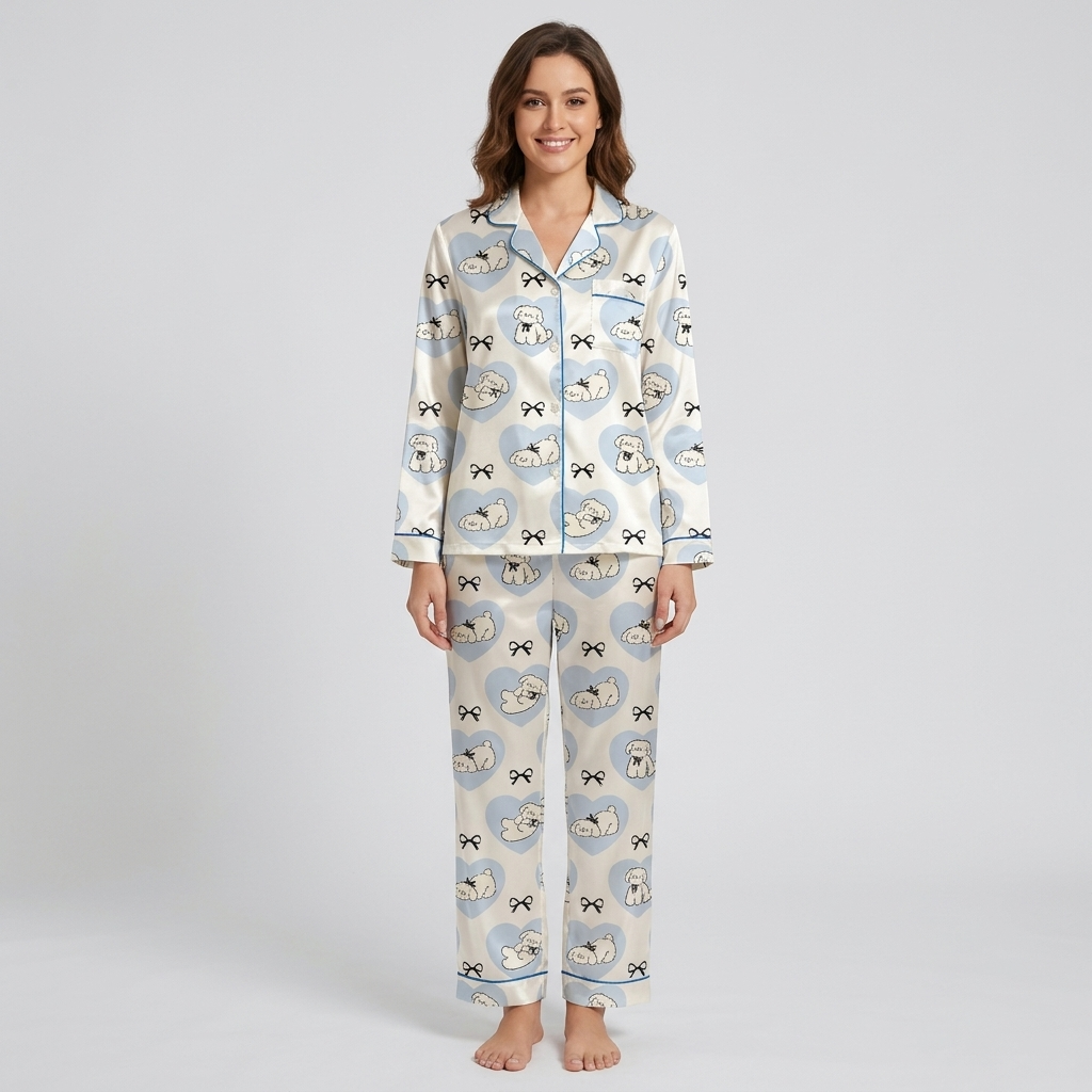 Women's satin pajama set with sleepy white fluffy dogs in sky-blue hearts on white - long sleeve and pants