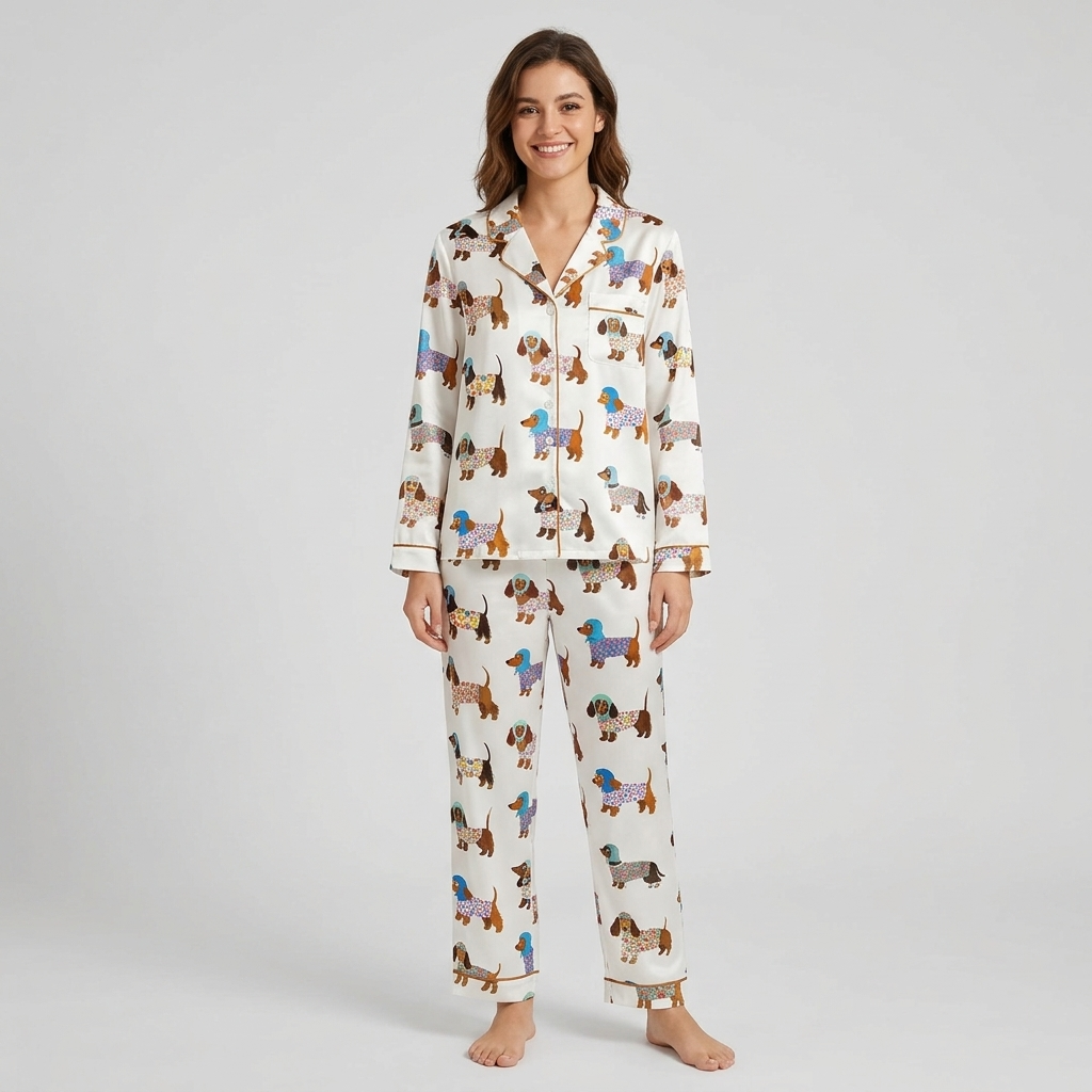 Women's satin pajama set with dachshunds in flower-print sweaters and little bonnets on white - long sleeve and pants