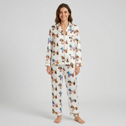Women's satin pajama set with dachshunds in flower-print sweaters and little bonnets on white - long sleeve and pants