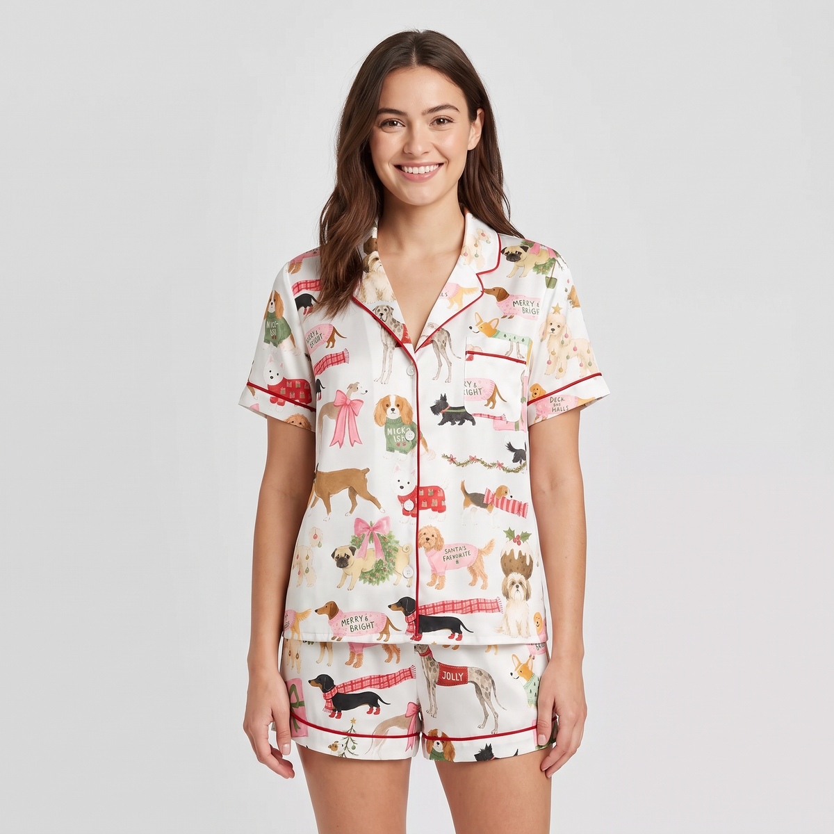 Christmas Dogs & Bows Women's Pajama Set - short sleeve and shorts