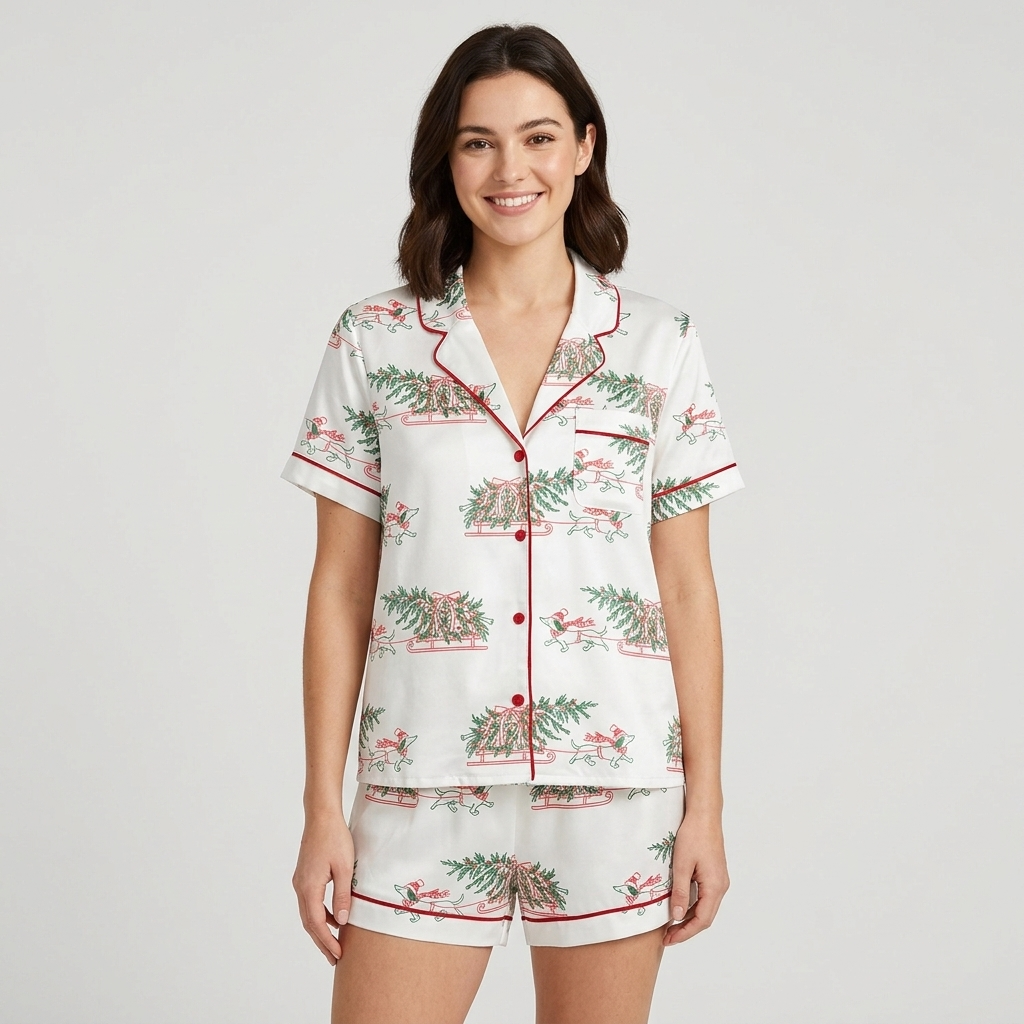 Women's satin pajama set with sketched dachshunds pulling sleighs under pine garlands on white - short sleeve and shorts