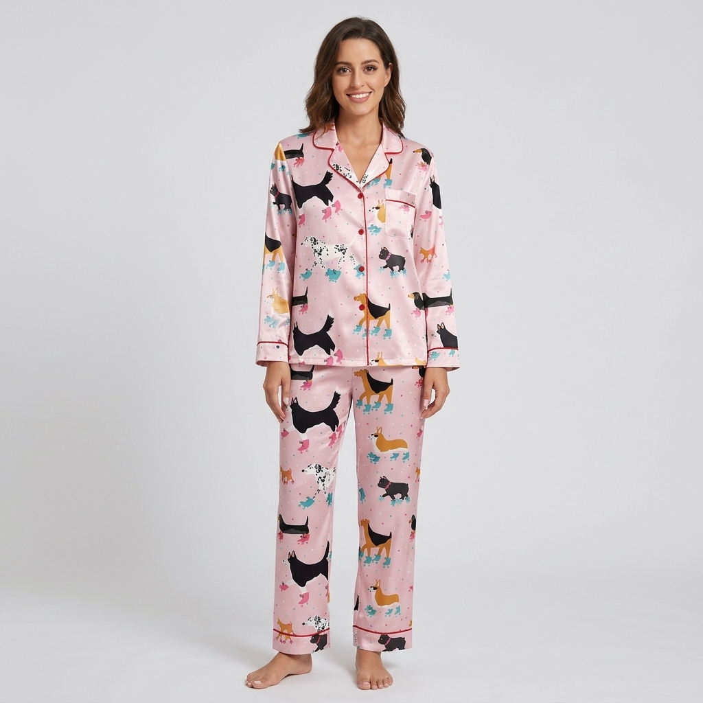 Women's satin pajama set with dachshunds, corgis and dalmatians on teal and pink roller skates on blush pink - long sleeve and pants