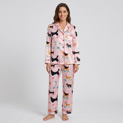 Women's satin pajama set with dachshunds, corgis and dalmatians on teal and pink roller skates on blush pink - long sleeve and pants